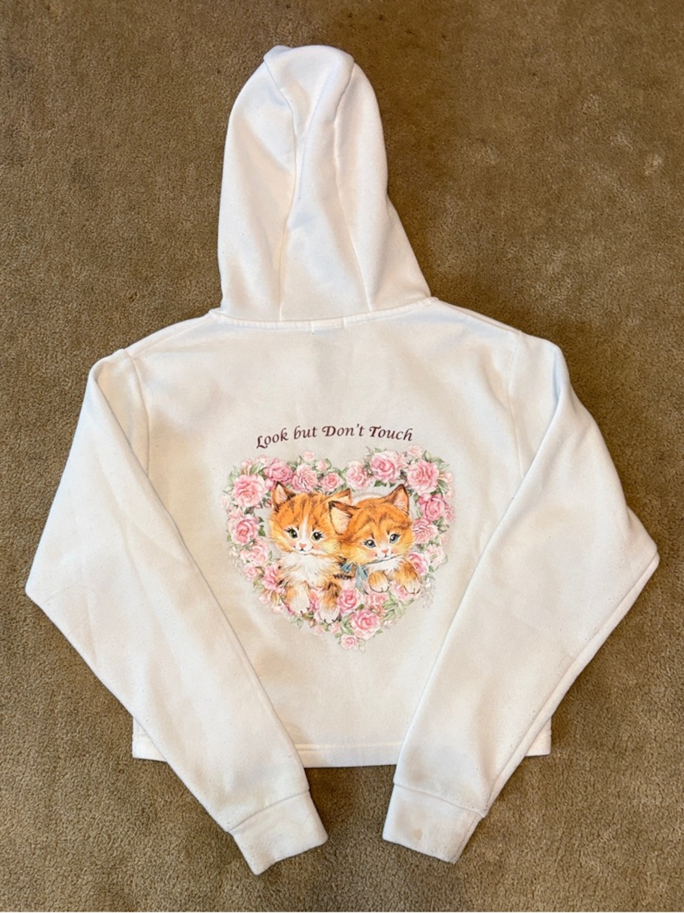 Angel Cult Look Don't Touch White Hoodie with Cute Kitten Heart Graphic
